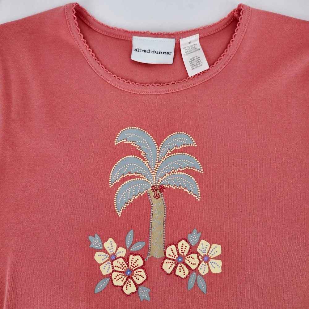 Alfred Dunner Womens Coral Pink Palm Tree Tropical Top Size M Coastal Grandma